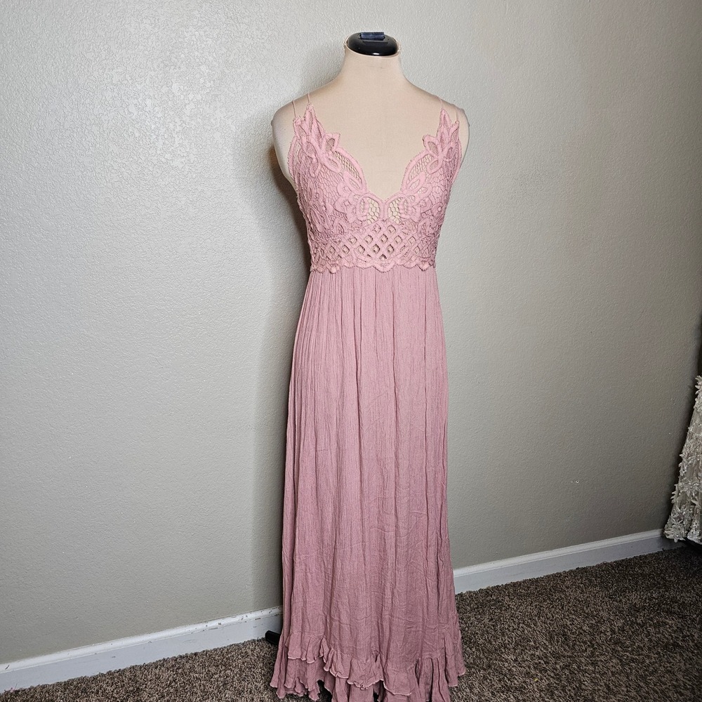 Free People FP One Adella Maxi Slip Dress Rose Pink Lace Crochet Boho Small - Picture 3 of 10